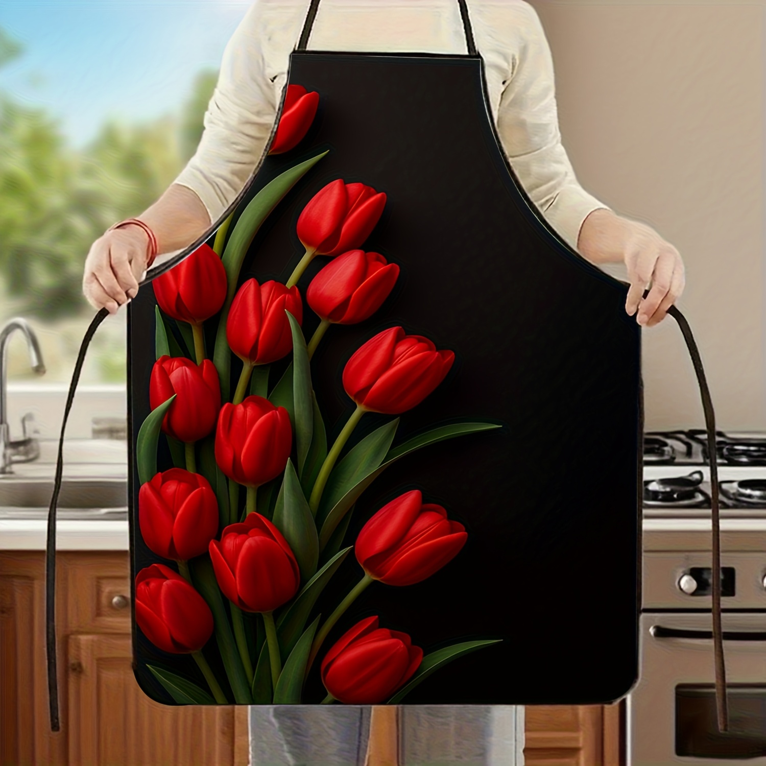 1pc Red Tulip Flower Apron Bla - Kitchen Baking Background review and price